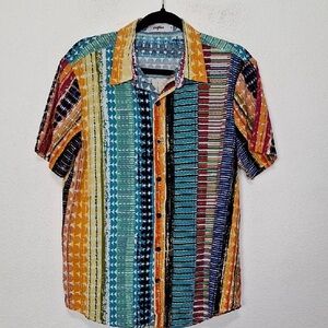 Vatpave Multicolor Striped Short Sleeve Retro Boho Button Down Shirt Size M